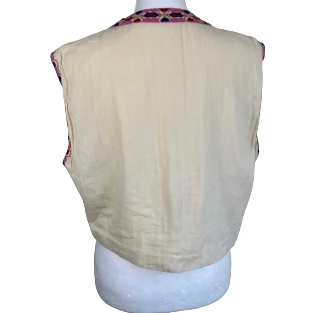 Zara Sz M Floral Embroidered Open Front Vest Cream Multicolor Folk Style - Picture 10 of 16